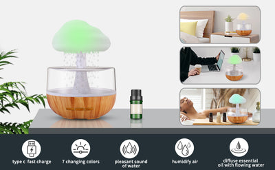 Weljoy Zen Rain Cloud Night Light Aromatherapy Essential Oil Diffuser Micro Humidifier Desk Fountain Bedside Sleeping Relaxation Mood Water Drop Sound White