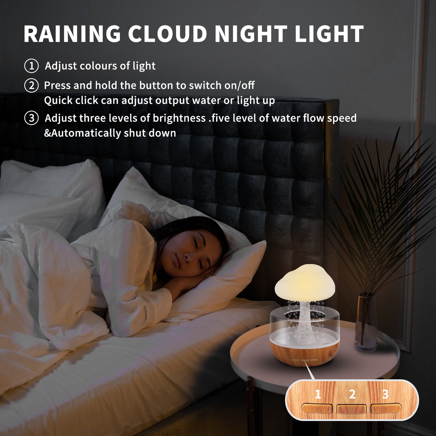 Weljoy Zen Rain Cloud Night Light Aromatherapy Essential Oil Diffuser Micro Humidifier Desk Fountain Bedside Sleeping Relaxation Mood Water Drop Sound White